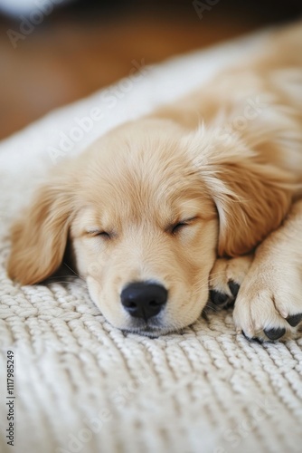 National Train Your Dog Month Golden retriever puppy sleeping peacefully on a soft carpet