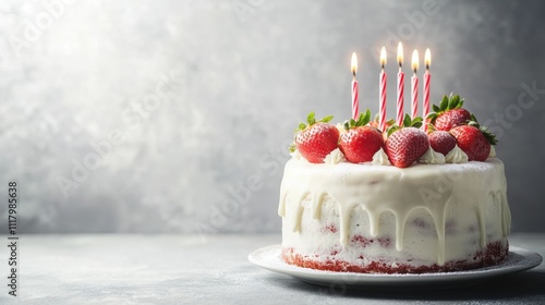 National Strawberry Shortcake Day Delicious strawberry cake with candles and dripping icing on plate