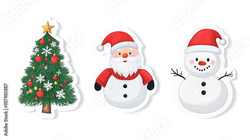 Christmas stickers, Santa Claus, snowman and Christmas tree, winter elements. isolated on white background