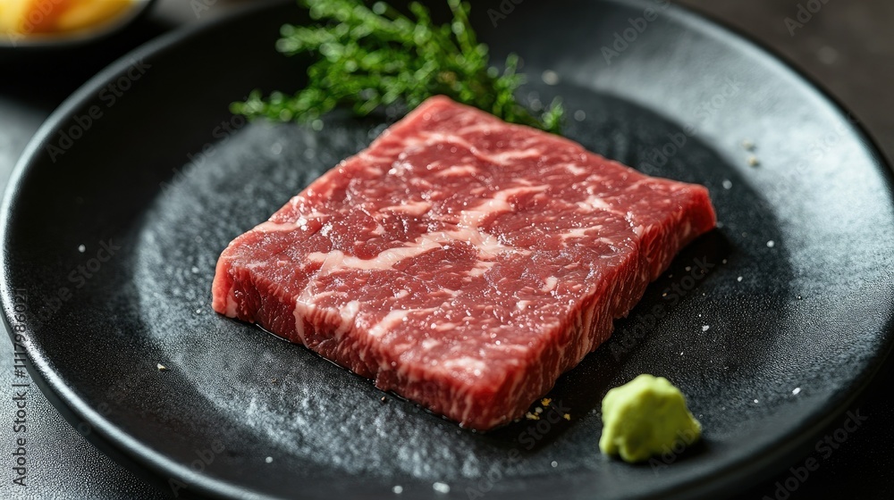Fresh Wagyu Beef on Elegant Black Plate Fresh Wagyu Beef on Elegant Black Plate