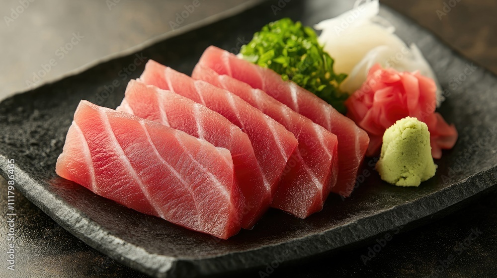 Freshly Sliced Sushi on Black Plate Freshly Sliced Sushi on Black Plate