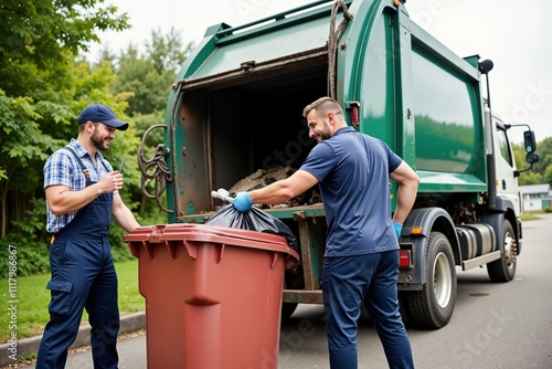 Sanitation workers collecting garbage in urban neighborhood on a sunny day photo