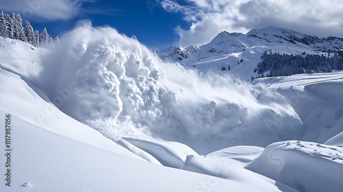 Dramatic avalanche in snowy mountains 