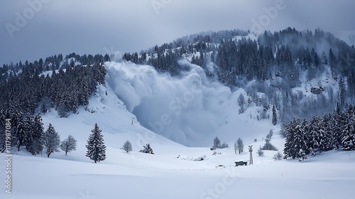 Dramatic avalanche in snowy mountains 