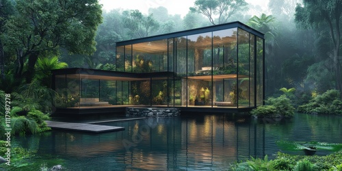 Stunning glass house nestled in lush greenery by tranquil waters showcasing natural harmony and modern architecture