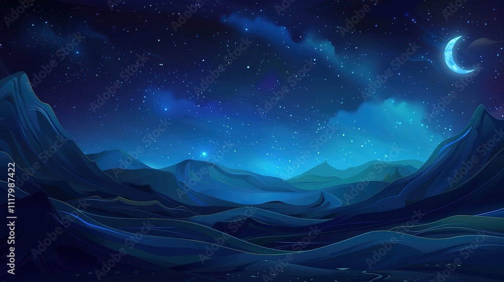 Obraz premium Panoramic blue night sky with milky way and stars on dark background. Fill the universe, nebulae and galaxies with noise and particles. Dark night sky.