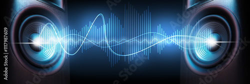 Sound waves between loudspeakers on black background, banner design