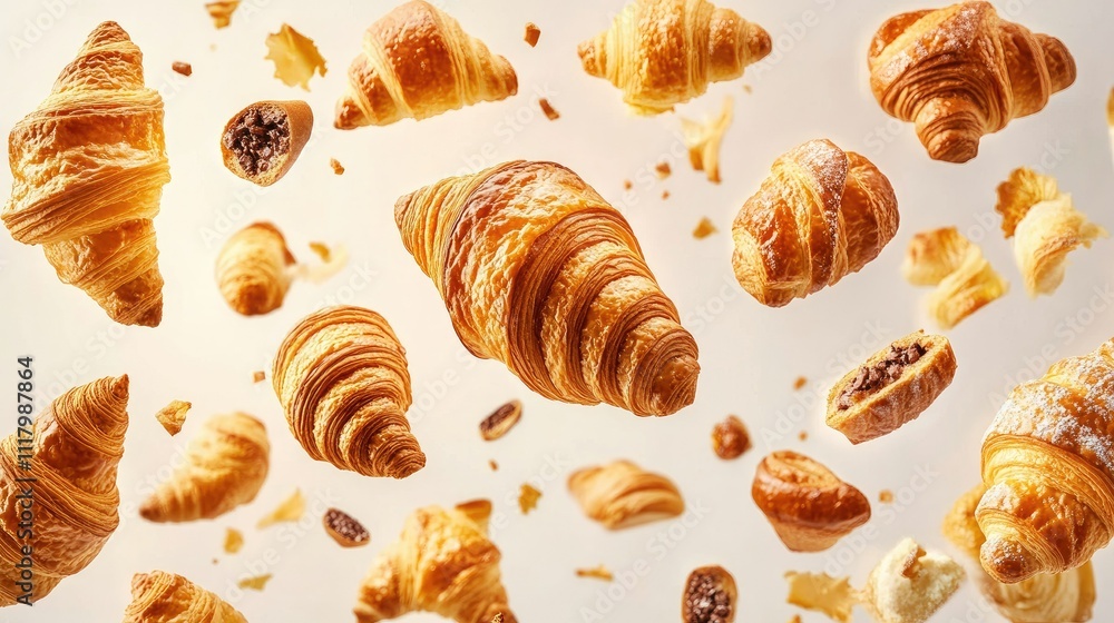 Fresh Croissants Collection in Mid-Air Display Fresh Croissants Collection in Mid-Air Display
