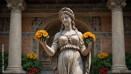 Statue of Flora, the goddess of spring and flowers, holding flowers in both hands and wearing a petal gown, with a backdrop of blooming gardens, with carvings depicting her bringing the warmth and vit photo