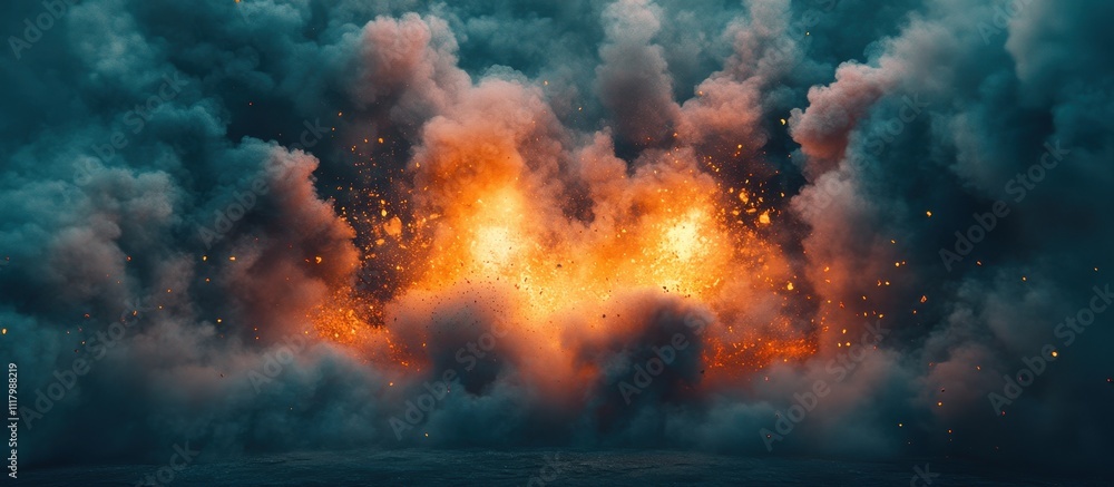 Dramatic Explosion with Fiery Flames and Smoke in a Dark Sky Capturing Intense Energy and Power in a Dynamic Scene Dramatic Explosion with Fiery Flames and Smoke in a Dark Sky Capturing Intense Energy and Power in a Dynamic Scene