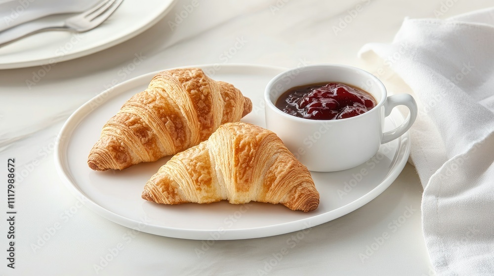 Delicious Croissants with Berry Spread on White Plate Delicious Croissants with Berry Spread on White Plate