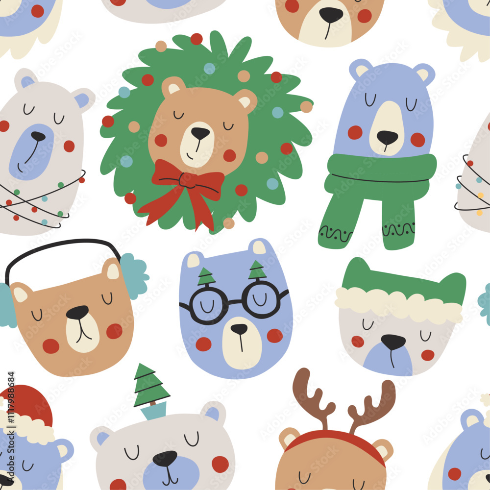 Fototapeta premium Seamless vector pattern with cute Christmas bears. Christmas repeating design for wrapping paper.