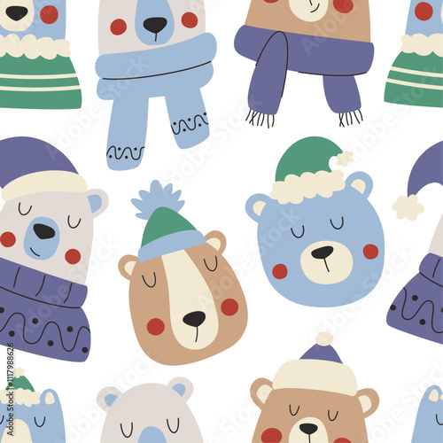 Seamless vector pattern with cute winter bears in hats, scarves and warm jumpers. Perfect for textile, fabric or wallpaper design for children's room.