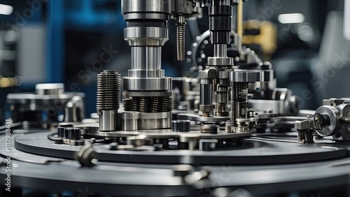 An up-close look at a complex engineering and dynamic production process in a precise equipment setup with gears and metal components.