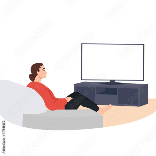 Young woman watching TV sitting on the sofa. Flat vector illustration isolated on white background