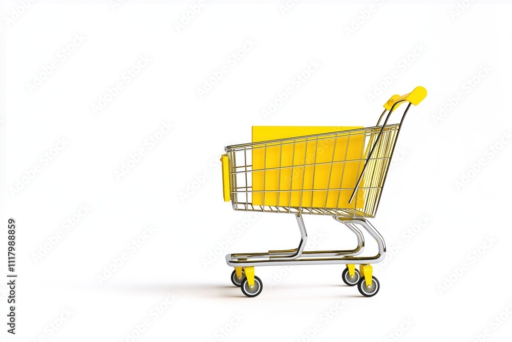 Empty yellow shopping cart with yellow box inside. 3D model angled to right. Isolated on white background. Product photo for online shopping sites. Good for e-commerce promotions marketing materials. Empty yellow shopping cart with yellow box inside. 3D model angled to right. Isolated on white background. Product photo for online shopping sites. Good for e-commerce promotions marketing materials.