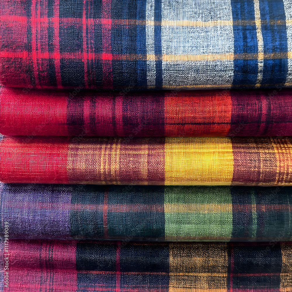 Many folded clothes embroidered with Plaid fabric patterns, fabric shop. Many folded clothes embroidered with Plaid fabric patterns, fabric shop.