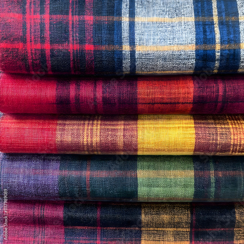 Many folded clothes embroidered with Plaid fabric patterns, fabric shop.