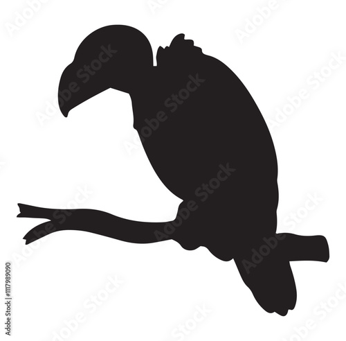 Cute cartoon vector vulture sitting on branch silhouette.