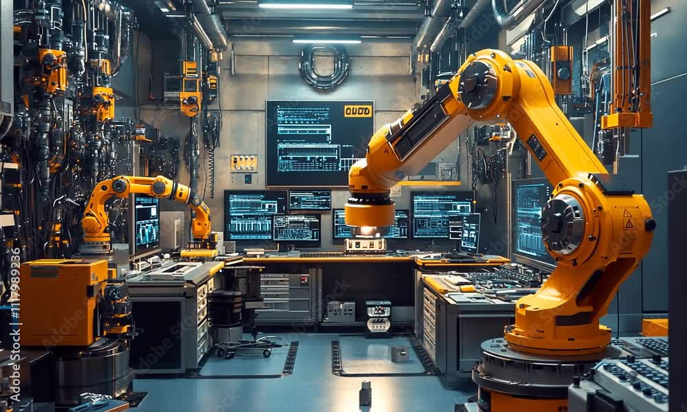 High-tech industrial workspace with robotic arms and screens. High-tech industrial workspace with robotic arms and screens.