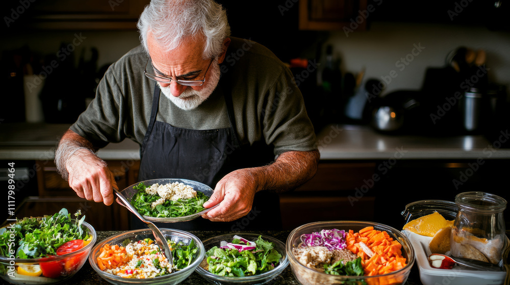 A senior man prepares healthy meal in cozy kitchen, focusing on fresh salads and vegetables. His dedication to nutritious cooking is evident as he carefully plates food A senior man prepares healthy meal in cozy kitchen, focusing on fresh salads and vegetables. His dedication to nutritious cooking is evident as he carefully plates food
