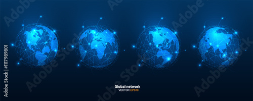 Vector illustration of a global network, with lines connecting different countries and continents. The network is represented by a series of glowing points, Protection Network concept Futuristic