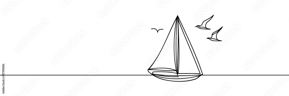 Continuous line drawing of yacht. Abstract sailing vessel silhouette. Template for your design works. Vector illustration Continuous line drawing of yacht. Abstract sailing vessel silhouette. Template for your design works. Vector illustration