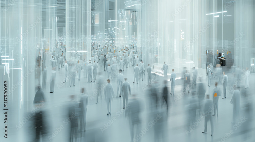 Obraz premium A bustling futuristic scene filled with people in white attire, creating sense of innovation and technology. atmosphere is vibrant and dynamic, showcasing modern environment