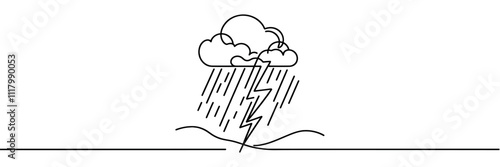 Continuous one line drawing of thundercloud and lightning symbol. Vector illustration