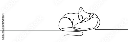 A beautiful kitty with is sleeping sweetly. A continuous line. Vector illustration drawn with a single line