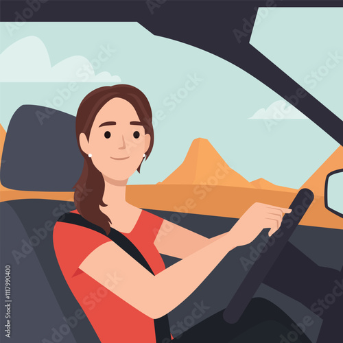 Attractive young woman driver in new car. Flat vector illustration isolated on white background