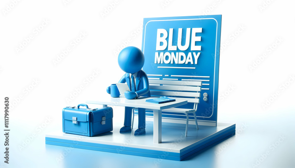 3D Blue Monday Coffee Break concept as Individual taking a solitary coffee break looking contemplative and blue symbolizing the struggles of Blue Monday for magazine advertisement with copy space. as 3D Blue Monday Coffee Break concept as Individual taking a solitary coffee break looking contemplative and blue symbolizing the struggles of Blue Monday for magazine advertisement with copy space. as
