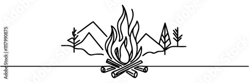 Bon fire single line art, continuous one line drawing of Isolated outline vector