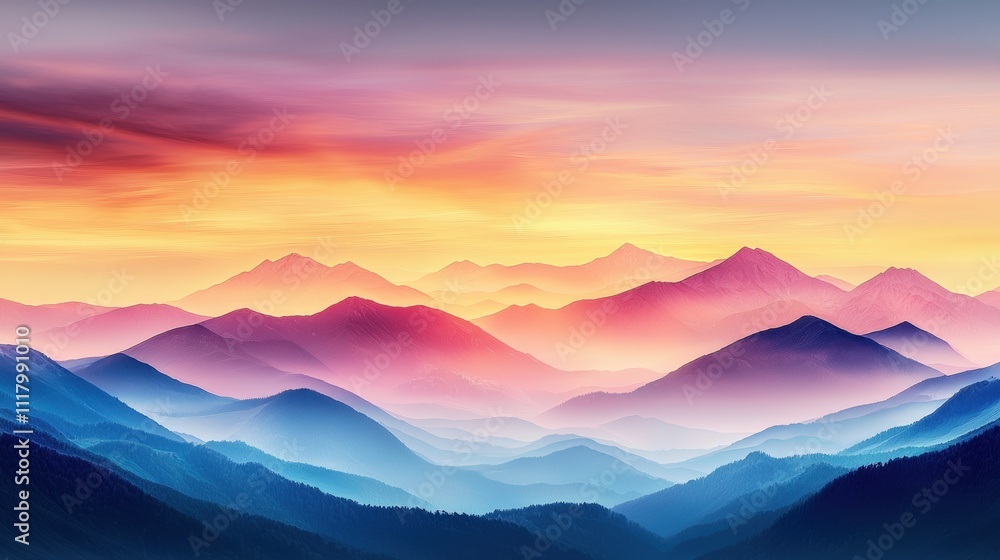 Obraz premium A breathtaking view of layered mountains at sunset, showcasing vibrant hues of pink, purple, and blue against a serene sky.
