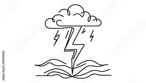 Continuous one line drawing of thundercloud and lightning symbol. Vector illustration