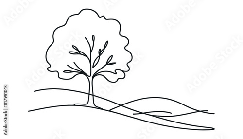 tree in one line. Graphic vector illustration of a continuous line drawing of a tree with roots.