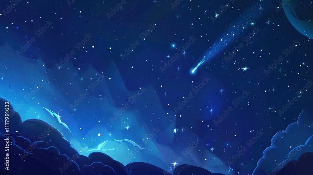 Fototapeta premium Panoramic blue night sky with milky way and stars on dark background. Fill the universe, nebulae and galaxies with noise and particles. Dark night sky.