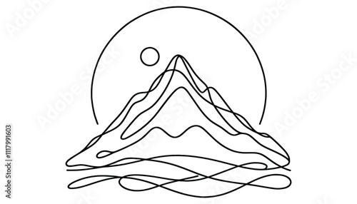 Continuous one line art hand drawn pro vector minimalist mountain illustration.