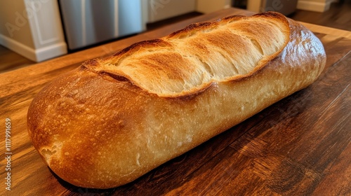 Freshly Baked Homemade Loaf on Wooden Surface photo