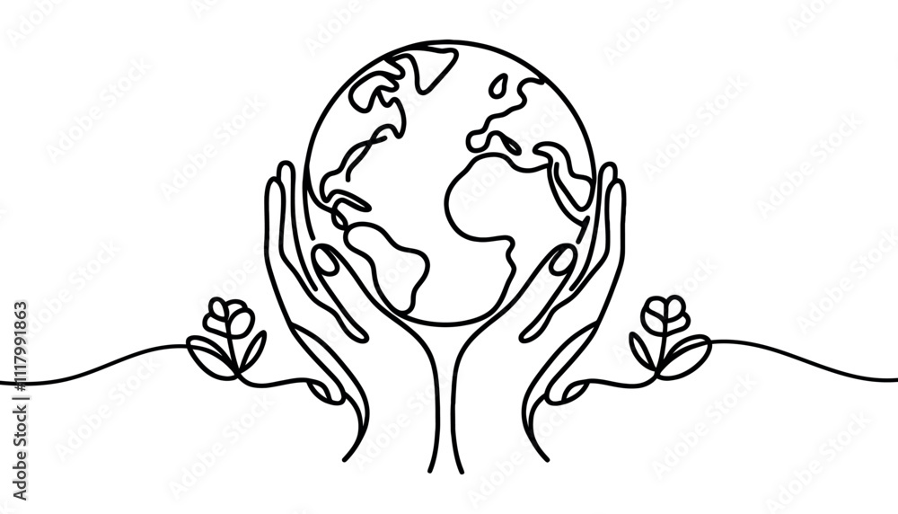 Continuous line drawing of hands holding Earth globe. Vector illustration isolated on white background. Continuous line drawing of hands holding Earth globe. Vector illustration isolated on white background.