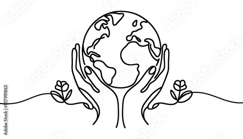Continuous line drawing of hands holding Earth globe. Vector illustration isolated on white background.