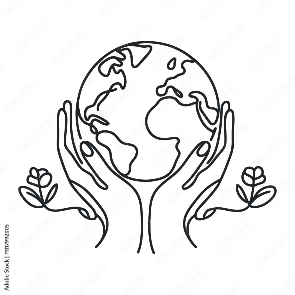 Continuous line drawing of hands holding Earth globe. Vector illustration isolated on white background. Continuous line drawing of hands holding Earth globe. Vector illustration isolated on white background.