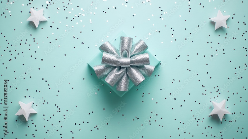 Teal gift box with silver bow and stars confetti on pastel background. Teal gift box with silver bow and stars confetti on pastel background.