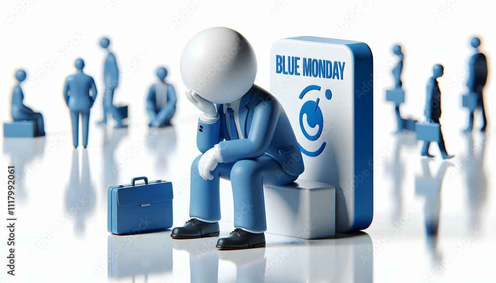 3D Blue Monday Reflective Pause concept as Individual taking a reflective pause at work showing signs of contemplation and sadness on Blue Monday suitable for magazine advertisement with copy space. a 3D Blue Monday Reflective Pause concept as Individual taking a reflective pause at work showing signs of contemplation and sadness on Blue Monday suitable for magazine advertisement with copy space. a