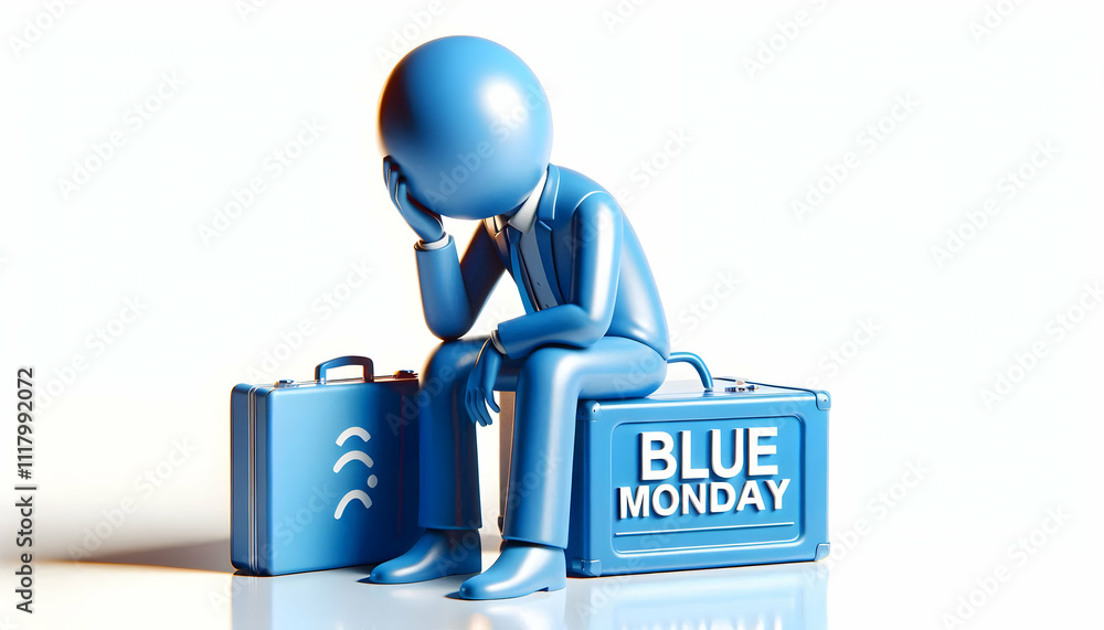 3D Blue Monday Reflective Pause concept as Individual taking a reflective pause at work showing signs of contemplation and sadness on Blue Monday suitable for magazine advertisement with copy space. a 3D Blue Monday Reflective Pause concept as Individual taking a reflective pause at work showing signs of contemplation and sadness on Blue Monday suitable for magazine advertisement with copy space. a