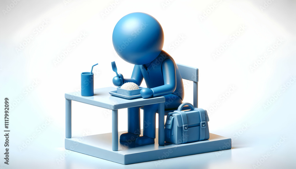 3D Blue Monday Solitary Lunch concept as Individual having lunch alone at work appearing lonely and blue on Blue Monday suitable for magazine advertisement with copy space. as 3D Icon isolated white b 3D Blue Monday Solitary Lunch concept as Individual having lunch alone at work appearing lonely and blue on Blue Monday suitable for magazine advertisement with copy space. as 3D Icon isolated white b