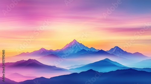 A stunning mountain landscape at sunrise, featuring vibrant colors of pink, purple, and blue across the sky and peaks.