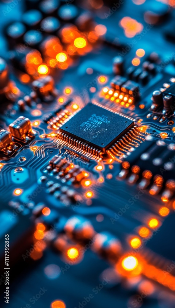 Close-Up of Circuit Board, Modern Technology Background with Lights, Blue Color Scheme Close-Up of Circuit Board, Modern Technology Background with Lights, Blue Color Scheme
