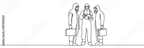 Continuous one line drawing of men in protective suit to protect body from virus and disease. Vector illustration