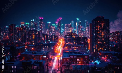 Wallpaper Mural Night cityscape illuminated by vibrant lights and urban architecture. Torontodigital.ca